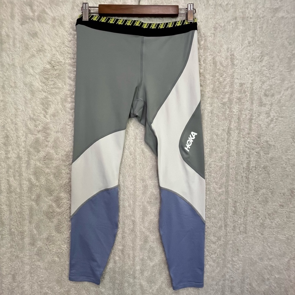 HOKA OneOne Hupana Running Leggings Sz M Gray White Blue Drawstring Cycling Yoga